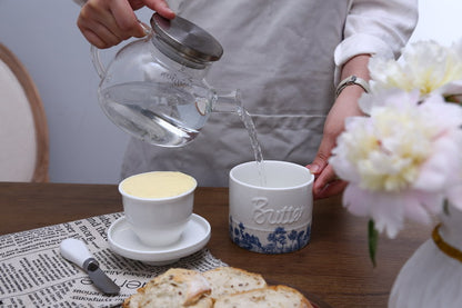 Blue & White Ceramic French Butter Crock – Keeps Butter Fresh, Soft & Spreadable