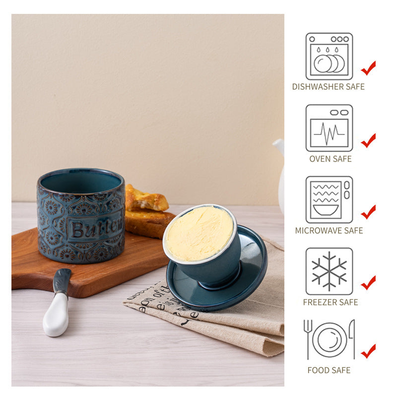 Blue & White Ceramic French Butter Crock – Keeps Butter Fresh, Soft & Spreadable