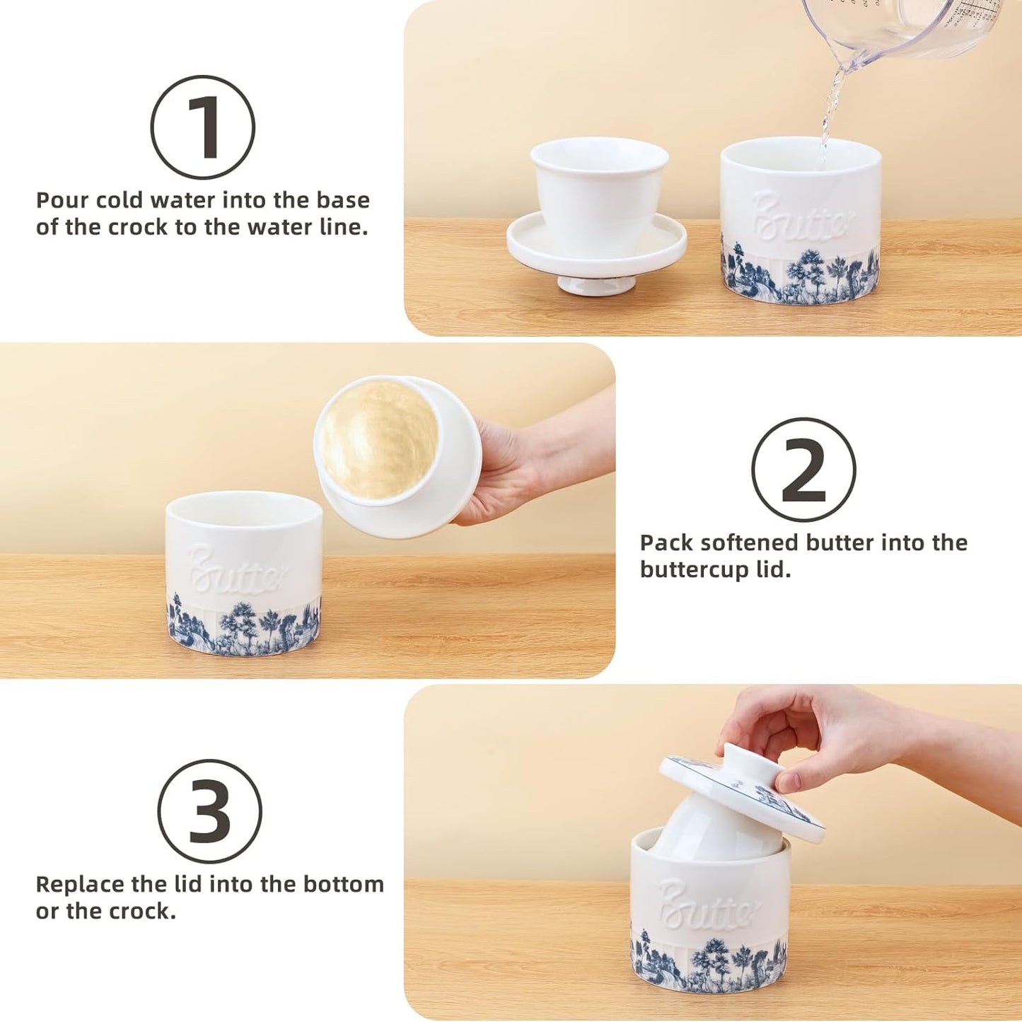 Blue & White Ceramic French Butter Crock – Keeps Butter Fresh, Soft & Spreadable